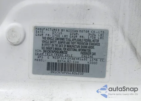 2016 Nissan Versa 1.6 S/1.6 S+/1.6 Sl/1.6 Sv z USA, uszkodzony, nr VIN 3N1CN7AP2GL806232